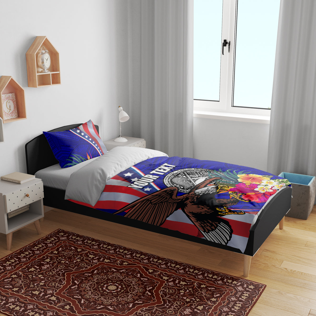 Personalized blue bedding set with American flag, eagle graphic, hibiscus blooms, and 'Your Text' text.