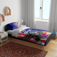Personalized blue bedding set with American flag, eagle graphic, hibiscus blooms, and 'Your Text' text.
