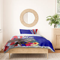 Personalized blue duvet and pillow set with American flag stripes, eagle artwork, and 'Your Text'.