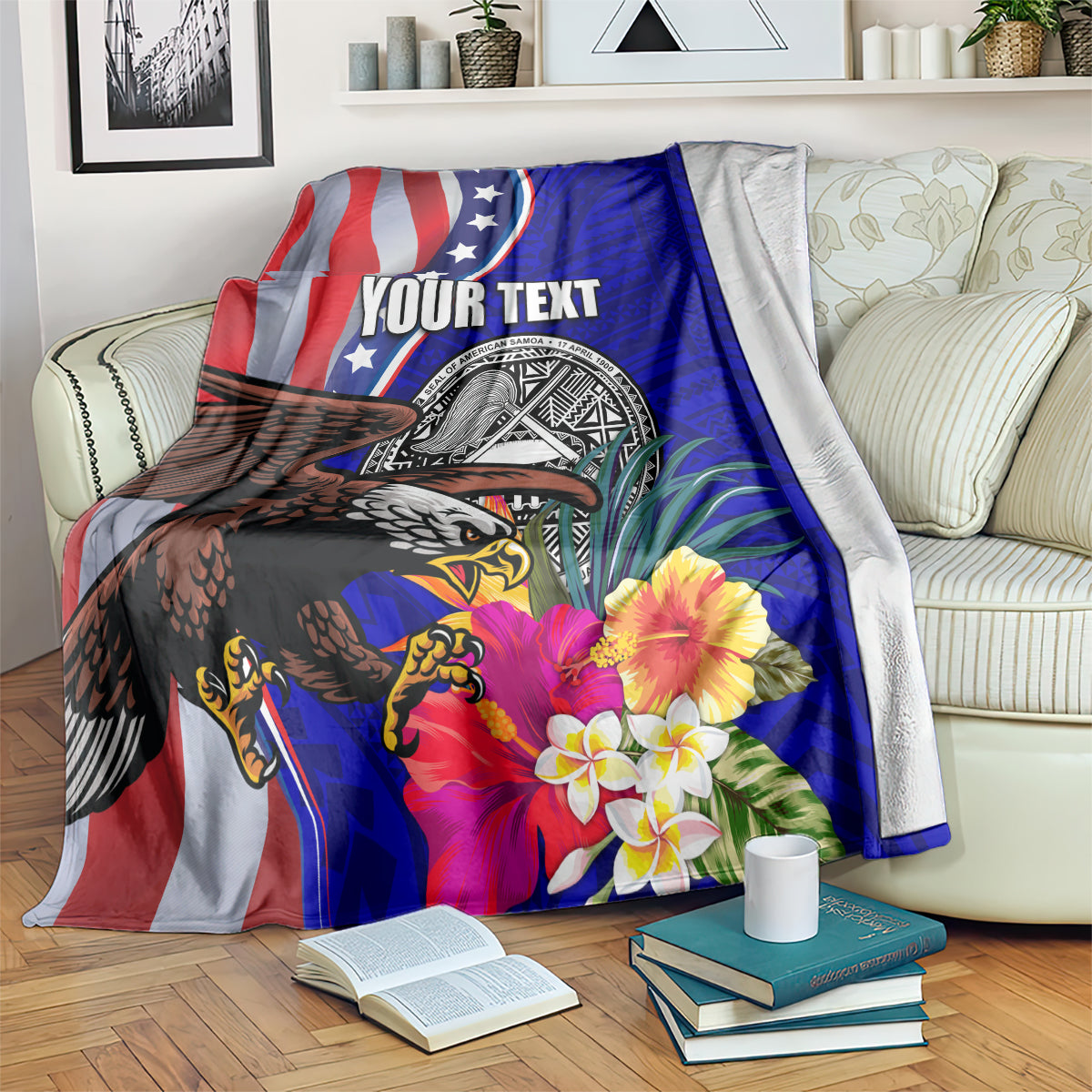 Personalised blue blanket with red-and-white flag design, bald eagle, hibiscus and your text
