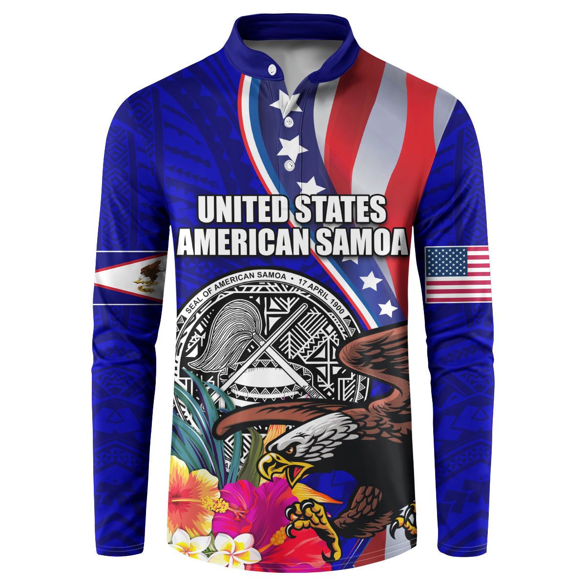 Blue button henley sweatshirt with eagle, seal, hibiscus and US flag sleeve graphics