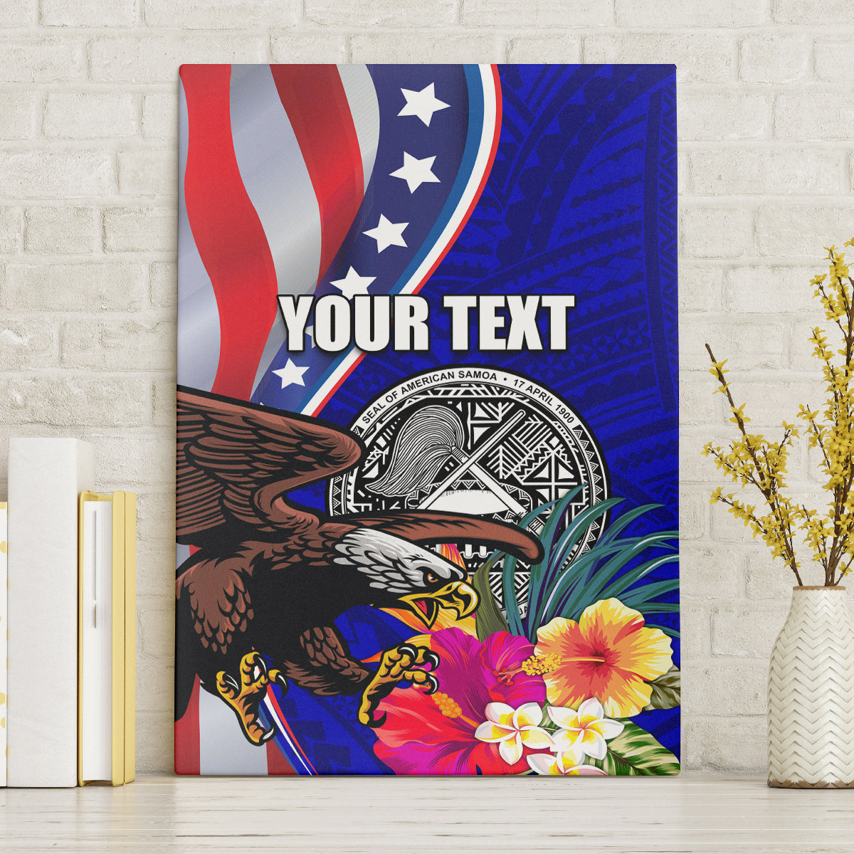 Personalised American Samoa and United States Canvas Wall Art Bald Eagle and Seal Hibiscus Polynesian Pattern - Wonder Print Shop