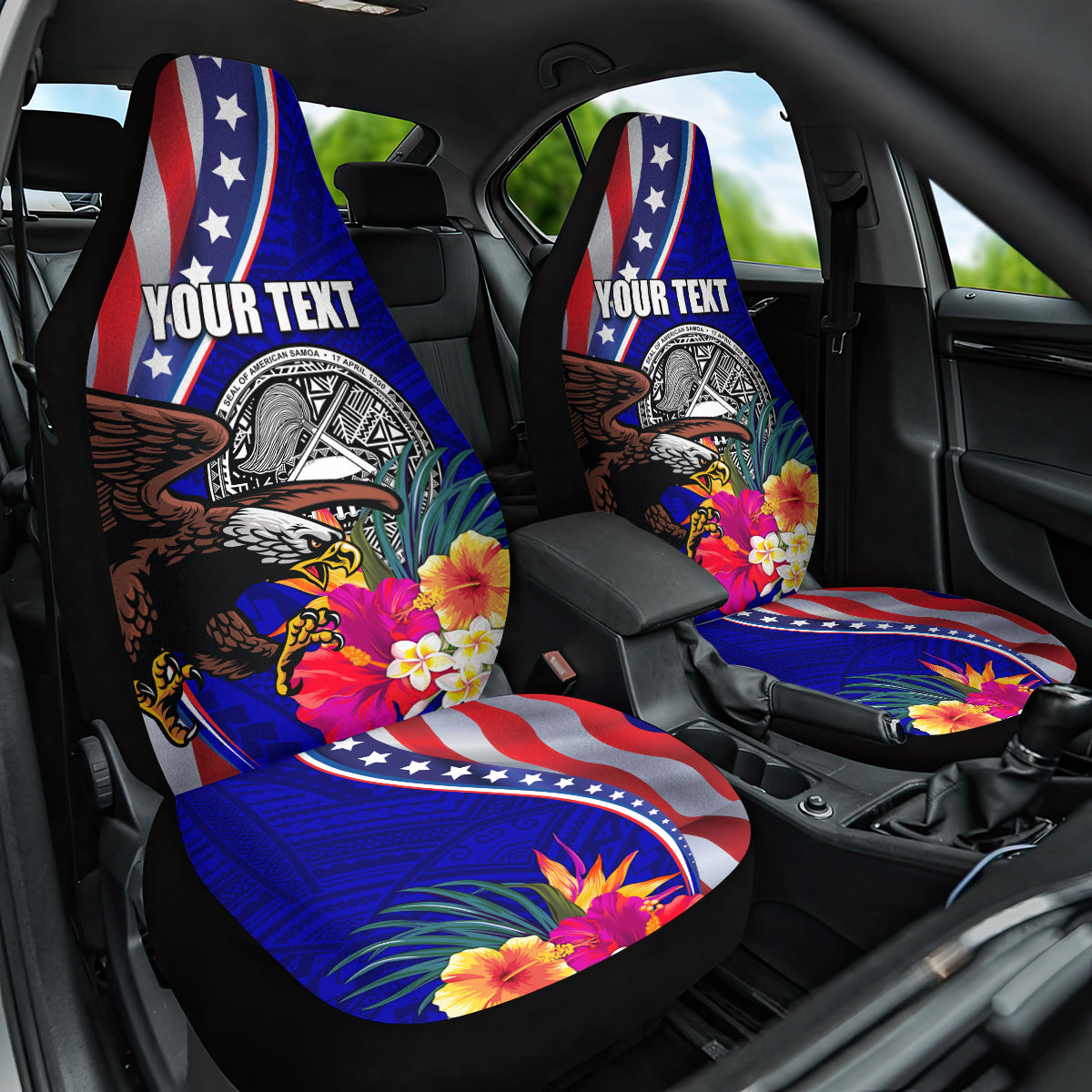 Personalised American Samoa and United States Car Seat Cover Bald Eagle and Seal Hibiscus Polynesian Pattern - Wonder Print Shop