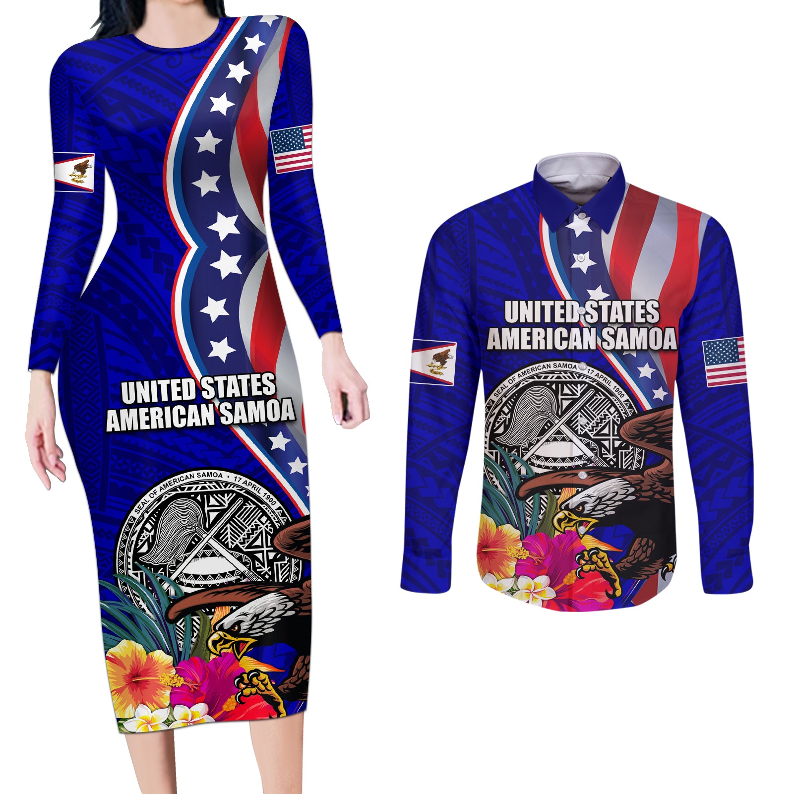 Personalised American Samoa and United States Couples Matching Long Sleeve Bodycon Dress and Long Sleeve Button Shirt Bald Eagle and Seal Hibiscus Polynesian Pattern - Wonder Print Shop