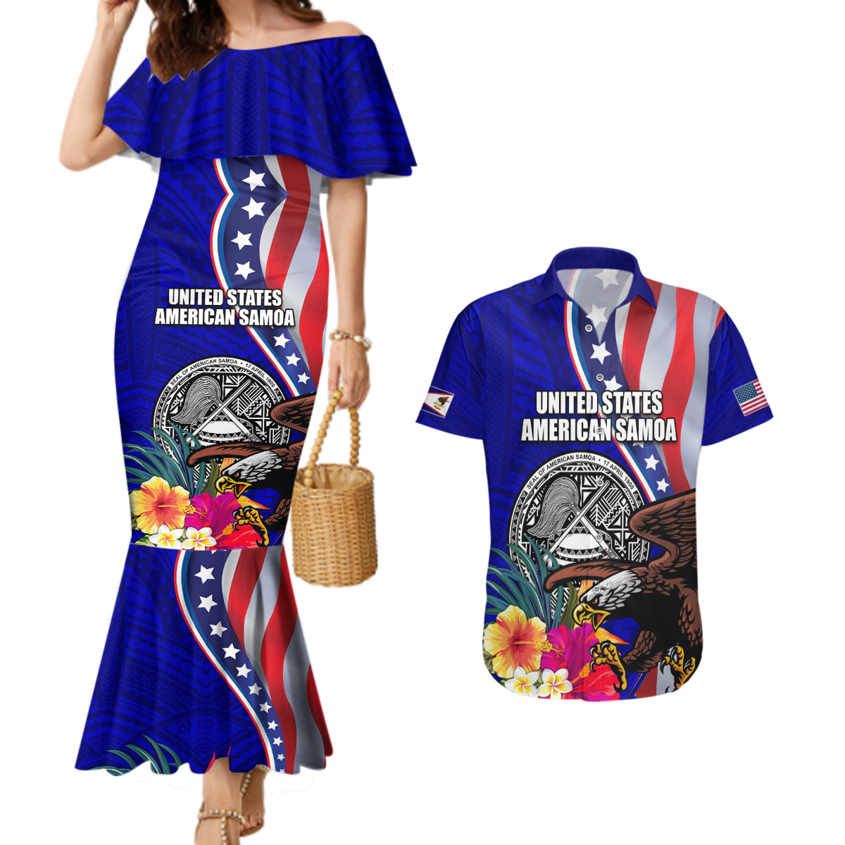 Personalised American Samoa and United States Couples Matching Mermaid Dress and Hawaiian Shirt Bald Eagle and Seal Hibiscus Polynesian Pattern - Wonder Print Shop