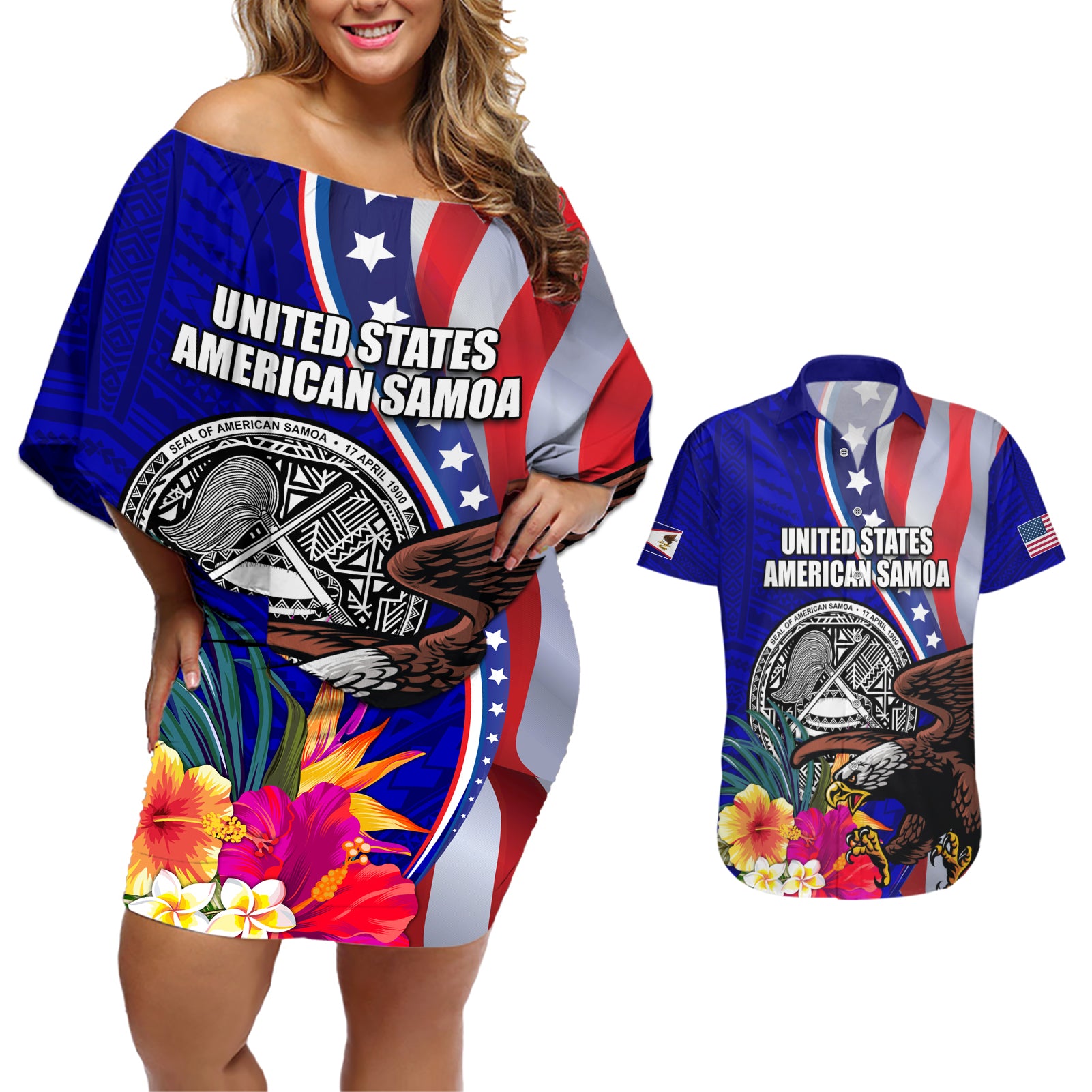 Personalised American Samoa and United States Couples Matching Off Shoulder Short Dress and Hawaiian Shirt Bald Eagle and Seal Hibiscus Polynesian Pattern - Wonder Print Shop