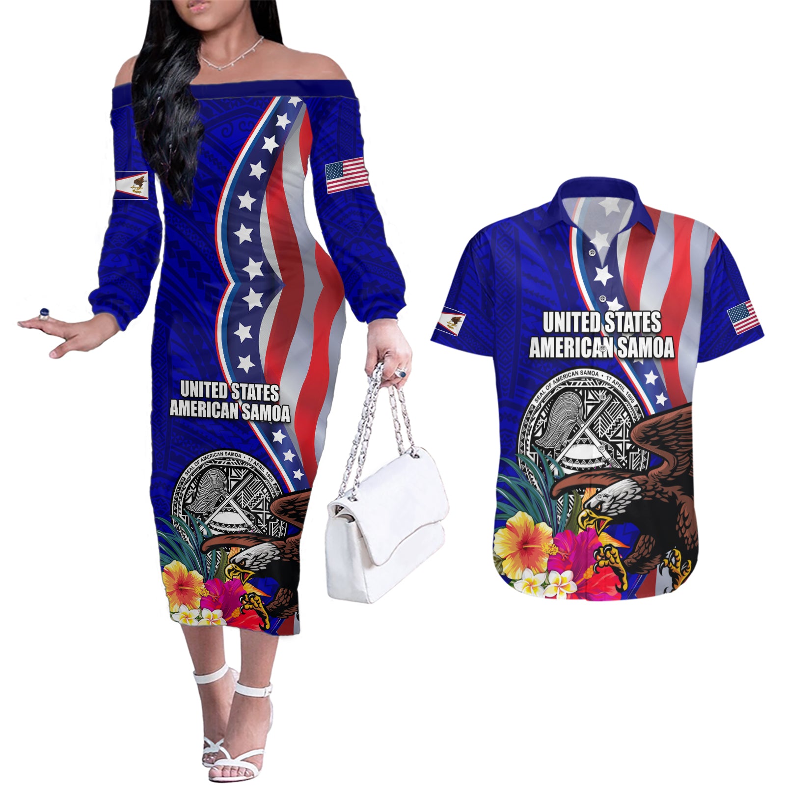 Personalised American Samoa and United States Couples Matching Off The Shoulder Long Sleeve Dress and Hawaiian Shirt Bald Eagle and Seal Hibiscus Polynesian Pattern - Wonder Print Shop