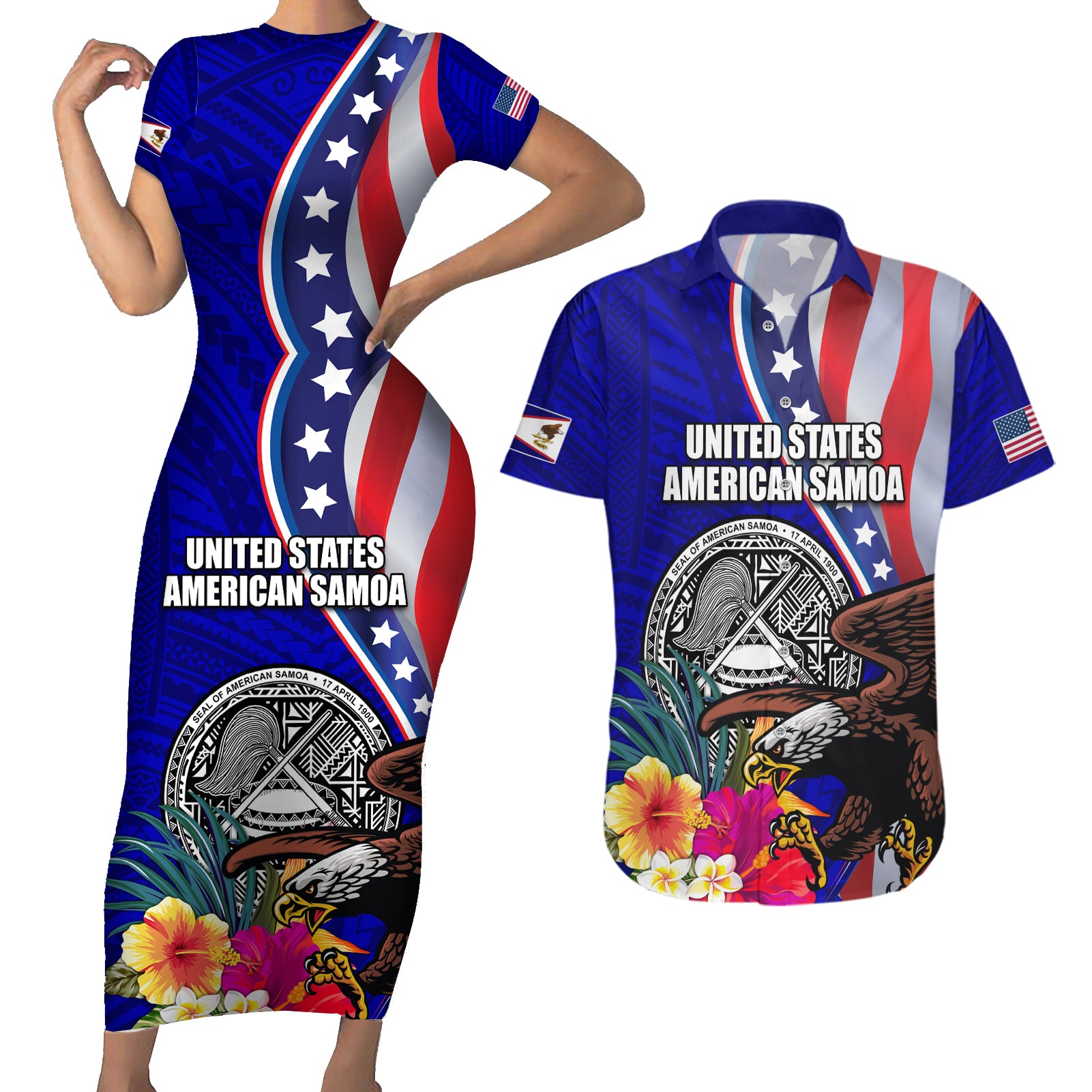 Personalised American Samoa and United States Couples Matching Short Sleeve Bodycon Dress and Hawaiian Shirt Bald Eagle and Seal Hibiscus Polynesian Pattern - Wonder Print Shop