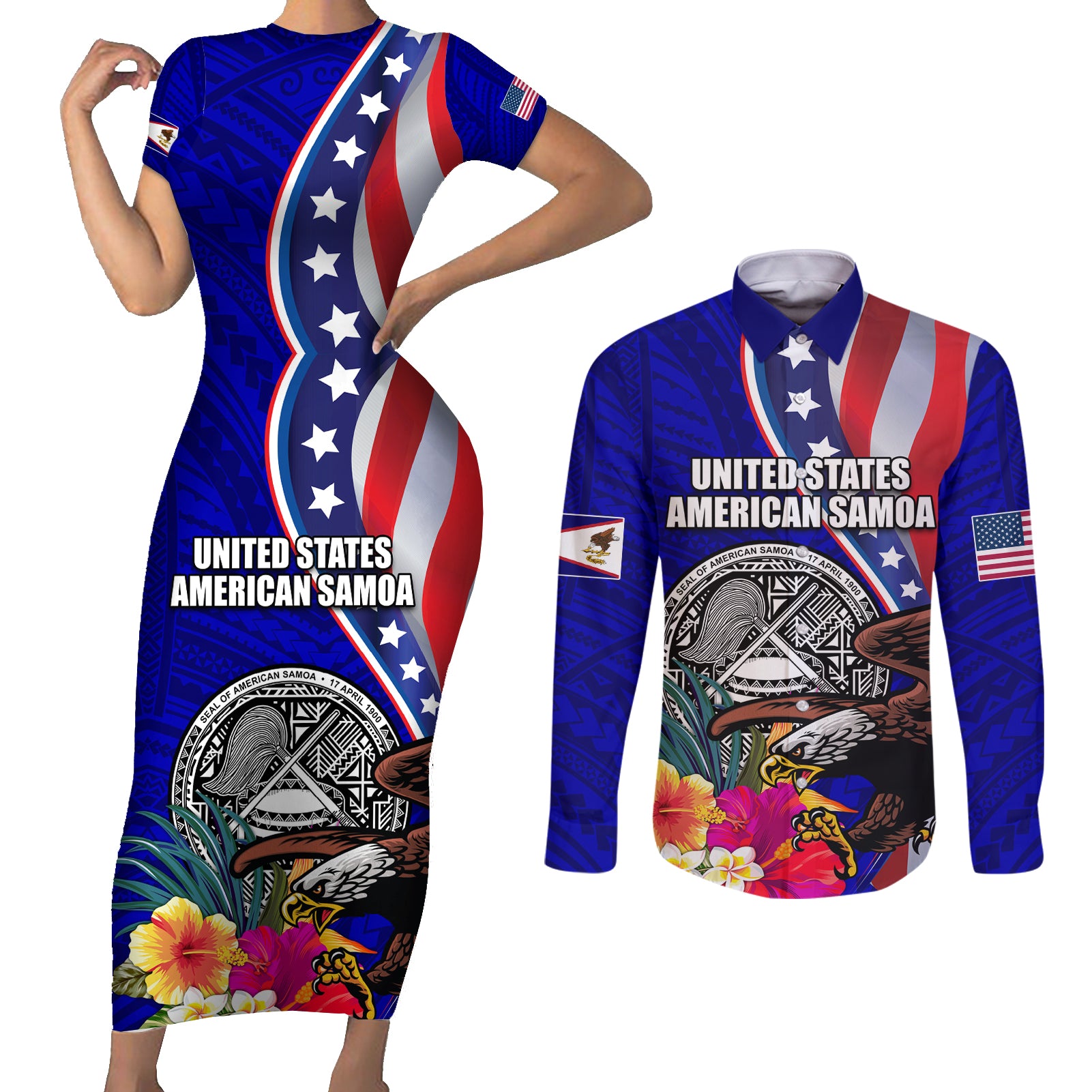 Personalised American Samoa and United States Couples Matching Short Sleeve Bodycon Dress and Long Sleeve Button Shirt Bald Eagle and Seal Hibiscus Polynesian Pattern - Wonder Print Shop