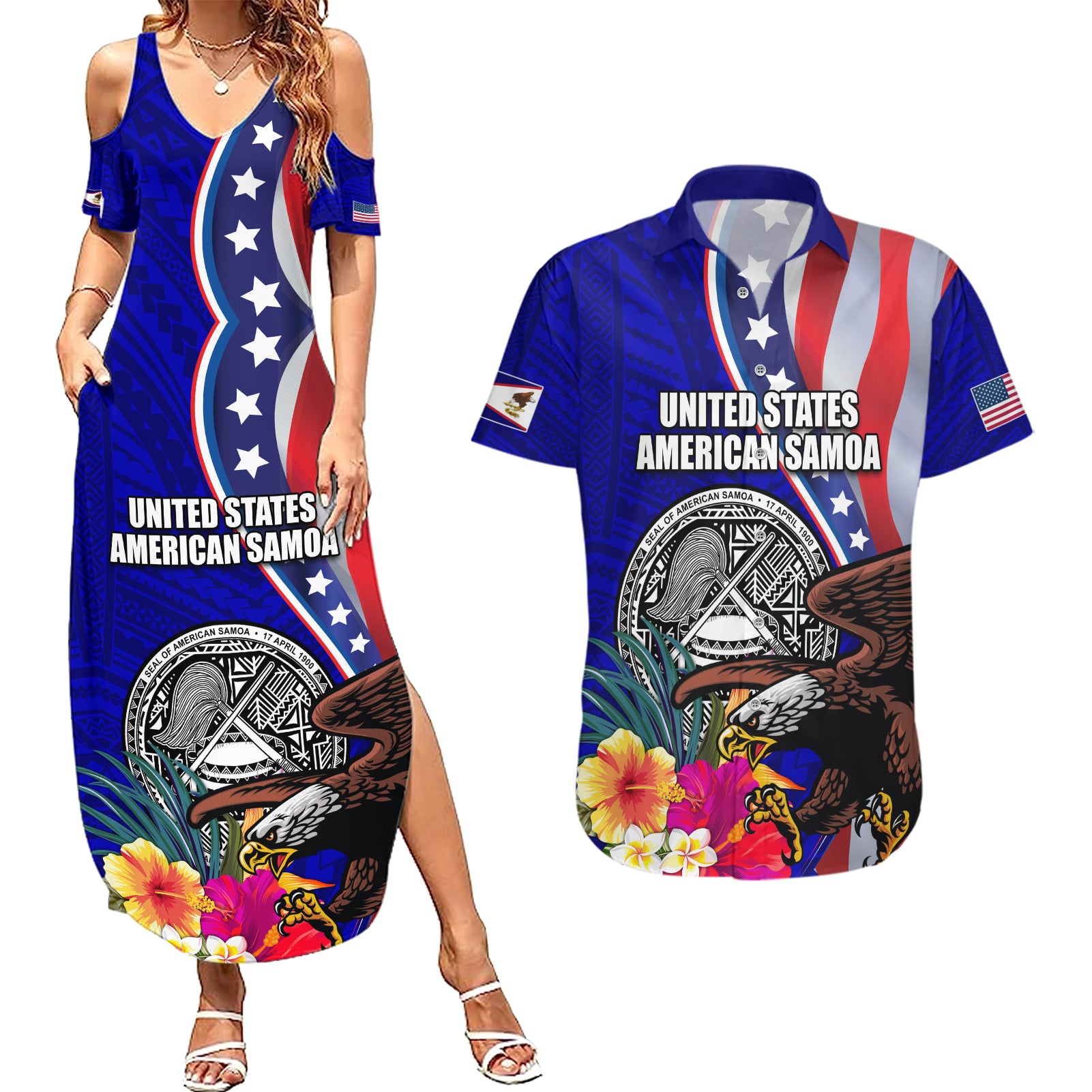 Personalised American Samoa and United States Couples Matching Summer Maxi Dress and Hawaiian Shirt Bald Eagle and Seal Hibiscus Polynesian Pattern - Wonder Print Shop