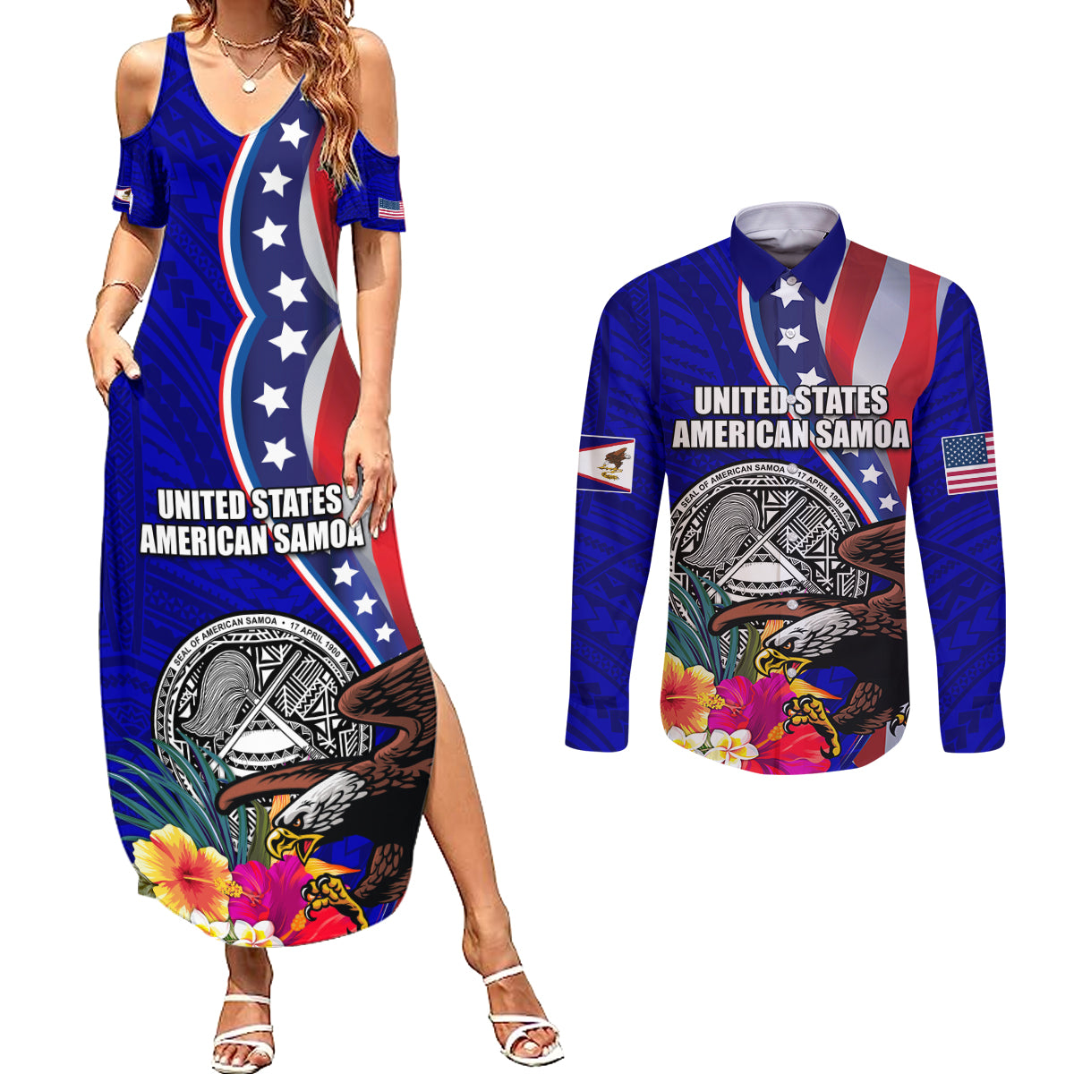 Personalised American Samoa and United States Couples Matching Summer Maxi Dress and Long Sleeve Button Shirt Bald Eagle and Seal Hibiscus Polynesian Pattern - Wonder Print Shop