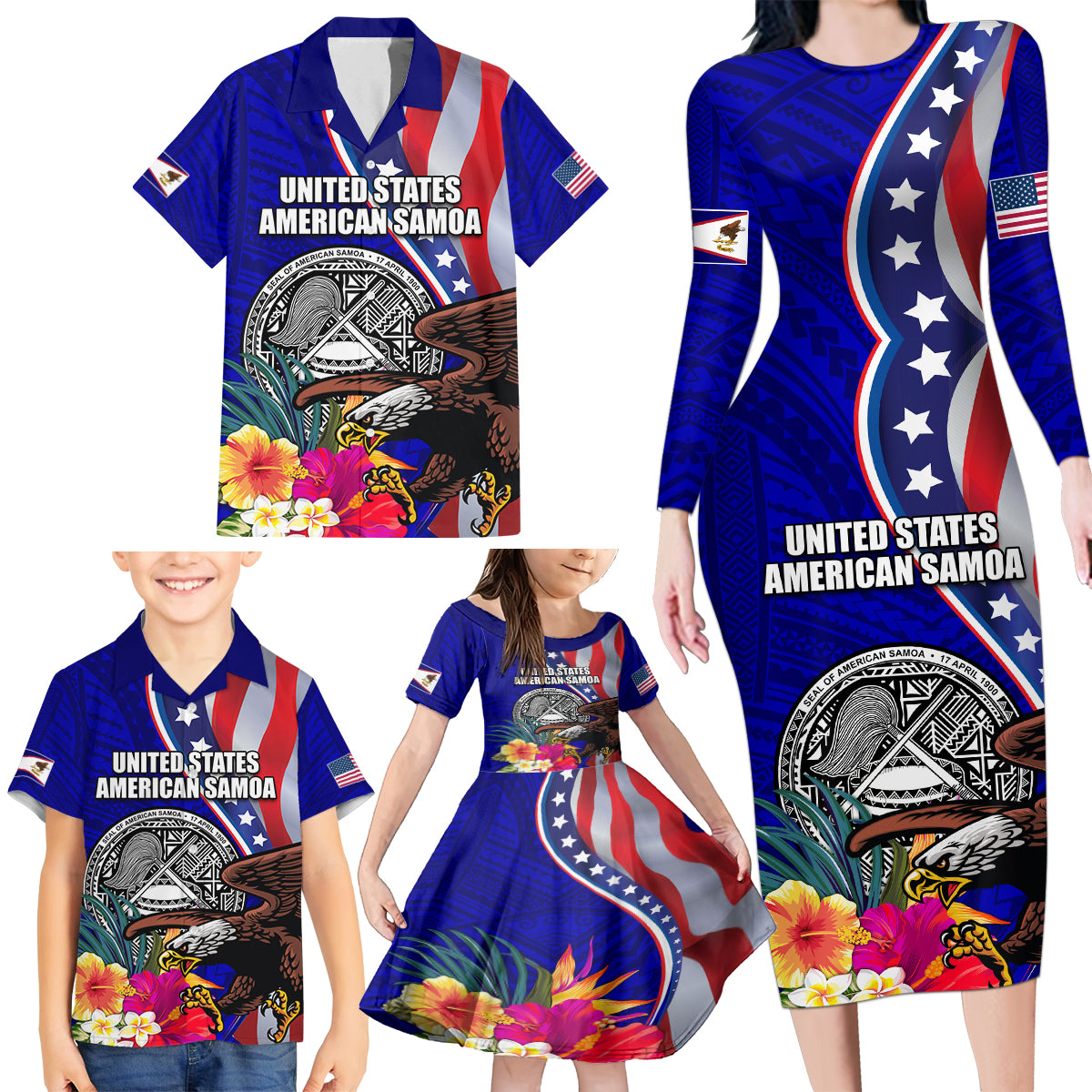 Personalised American Samoa and United States Family Matching Long Sleeve Bodycon Dress and Hawaiian Shirt Bald Eagle and Seal Hibiscus Polynesian Pattern - Wonder Print Shop