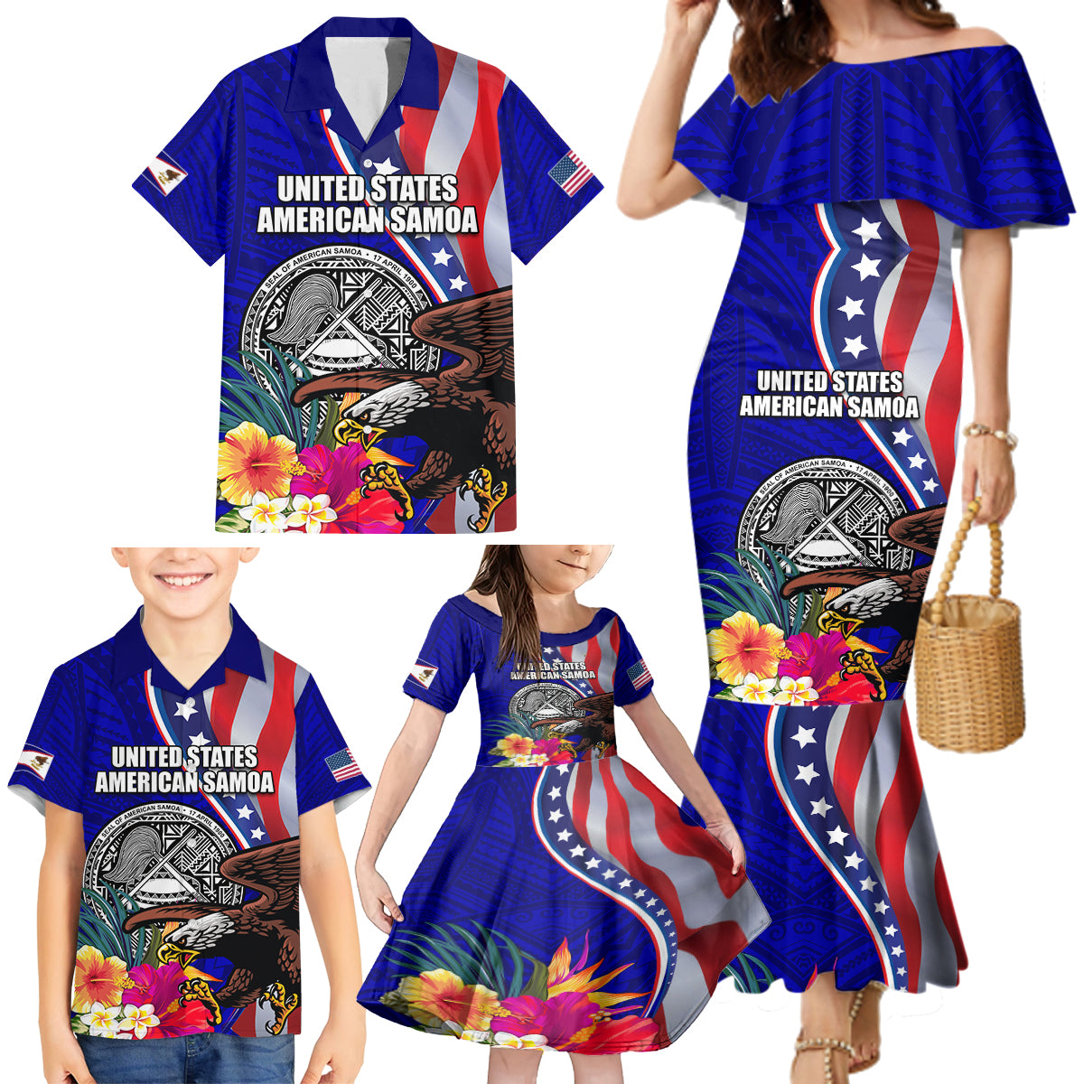 Personalised American Samoa and United States Family Matching Mermaid Dress and Hawaiian Shirt Bald Eagle and Seal Hibiscus Polynesian Pattern - Wonder Print Shop