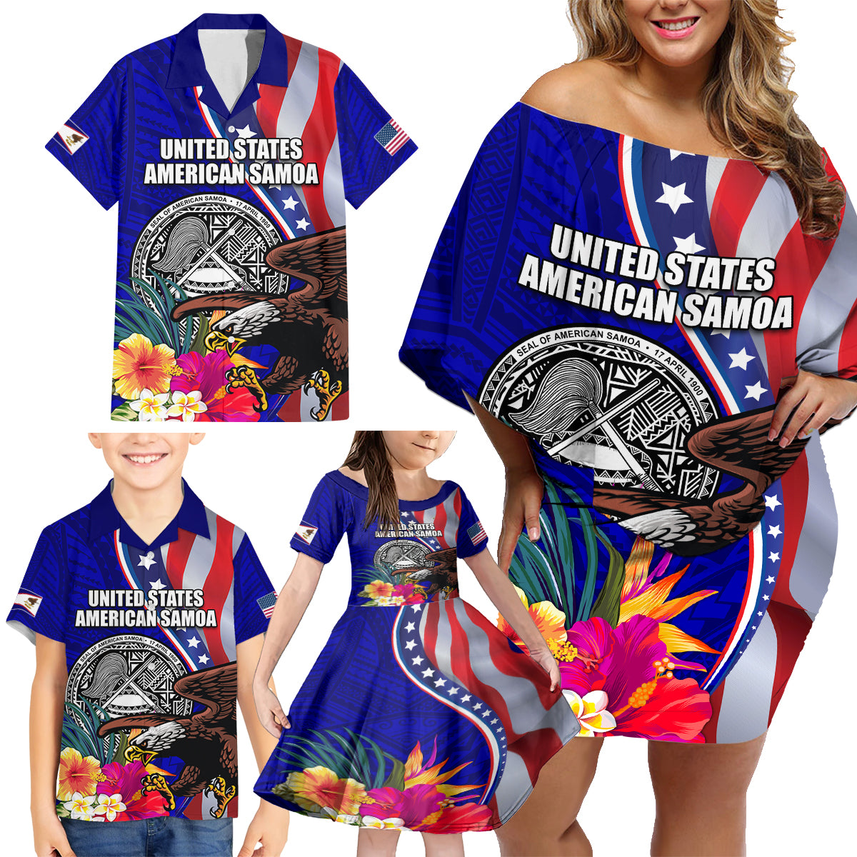 Personalised American Samoa and United States Family Matching Off Shoulder Short Dress and Hawaiian Shirt Bald Eagle and Seal Hibiscus Polynesian Pattern - Wonder Print Shop