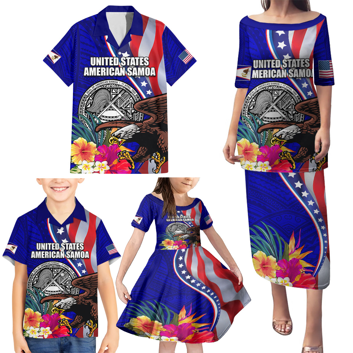 Personalised American Samoa and United States Family Matching Puletasi and Hawaiian Shirt Bald Eagle and Seal Hibiscus Polynesian Pattern - Wonder Print Shop