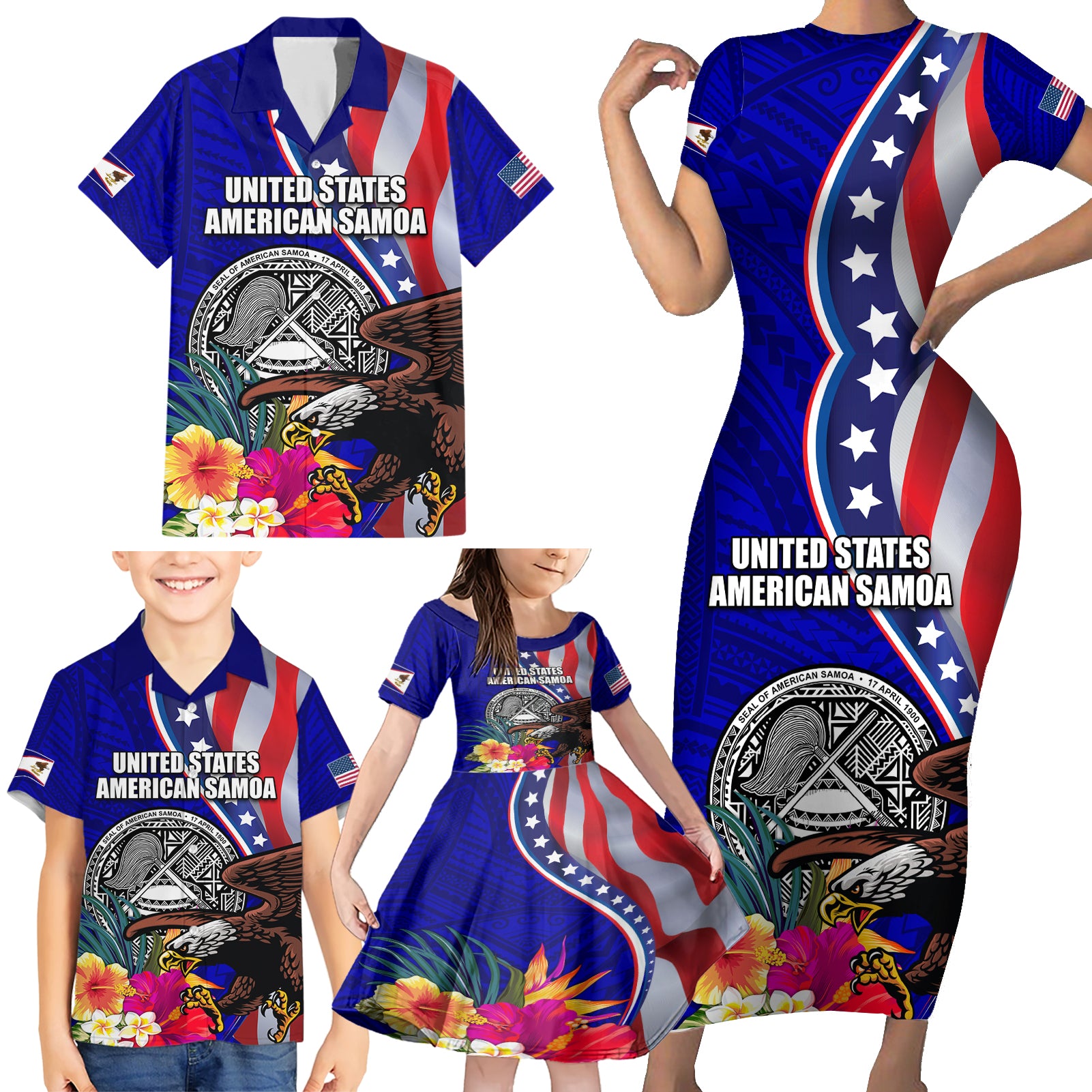 Personalised American Samoa and United States Family Matching Short Sleeve Bodycon Dress and Hawaiian Shirt Bald Eagle and Seal Hibiscus Polynesian Pattern - Wonder Print Shop