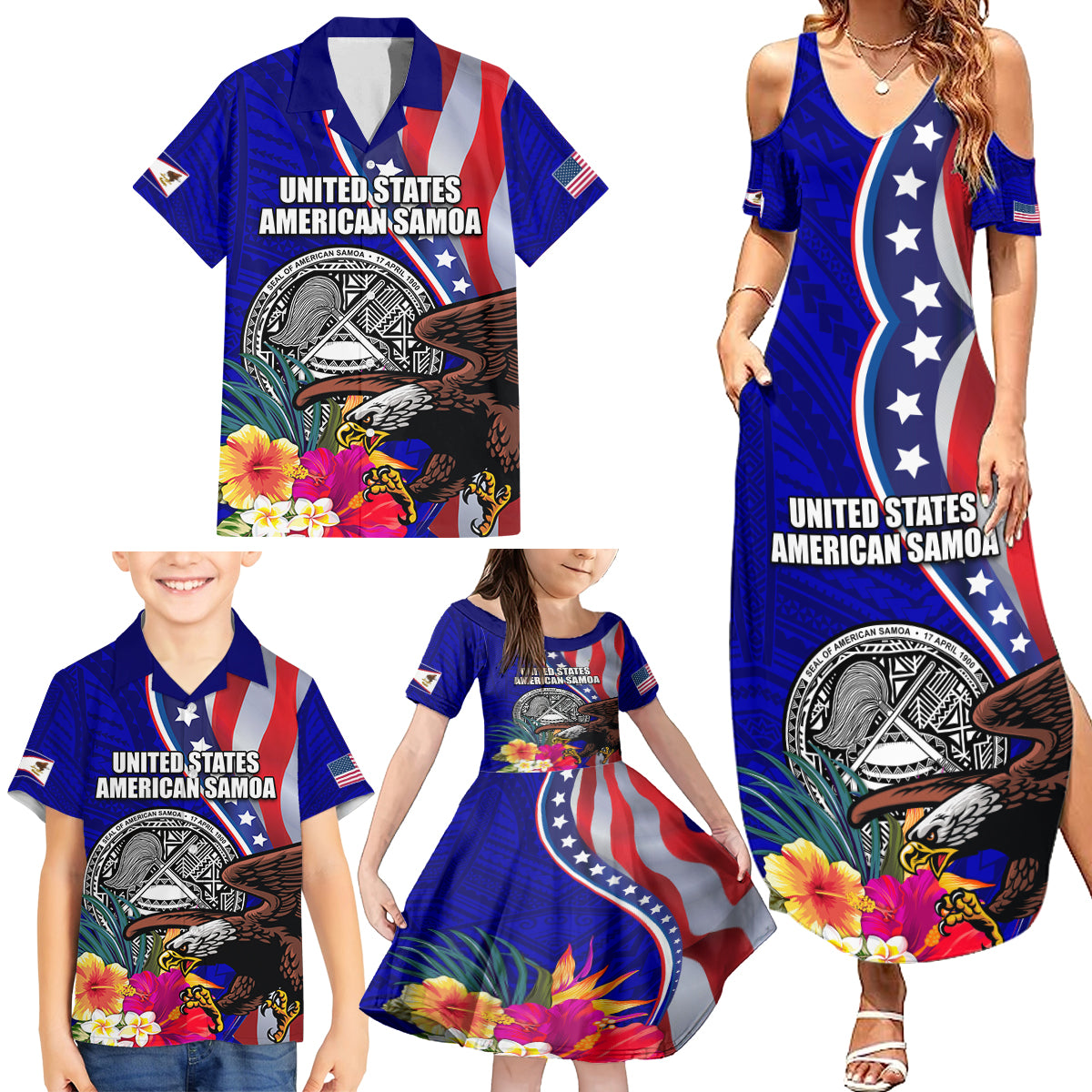 Personalised American Samoa and United States Family Matching Summer Maxi Dress and Hawaiian Shirt Bald Eagle and Seal Hibiscus Polynesian Pattern - Wonder Print Shop