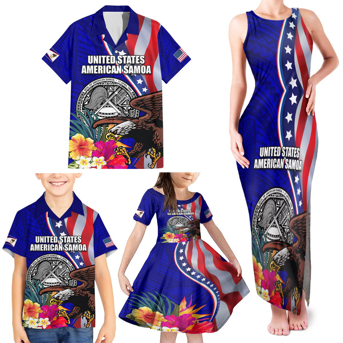 Personalised American Samoa and United States Family Matching Tank Maxi Dress and Hawaiian Shirt Bald Eagle and Seal Hibiscus Polynesian Pattern - Wonder Print Shop