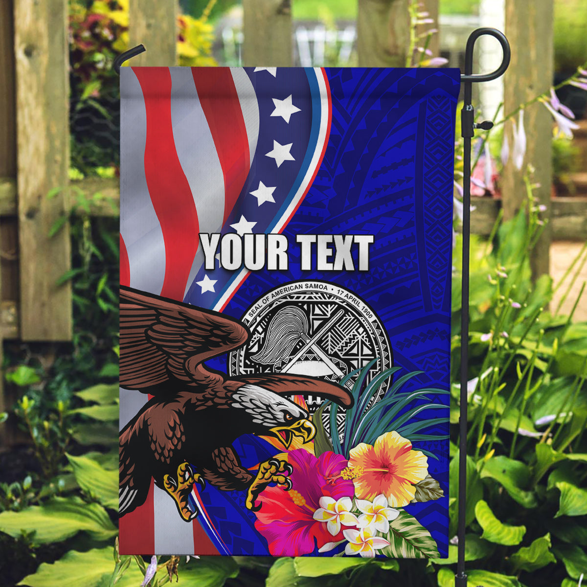 Personalised American Samoa and United States Garden Flag Bald Eagle and Seal Hibiscus Polynesian Pattern - Wonder Print Shop