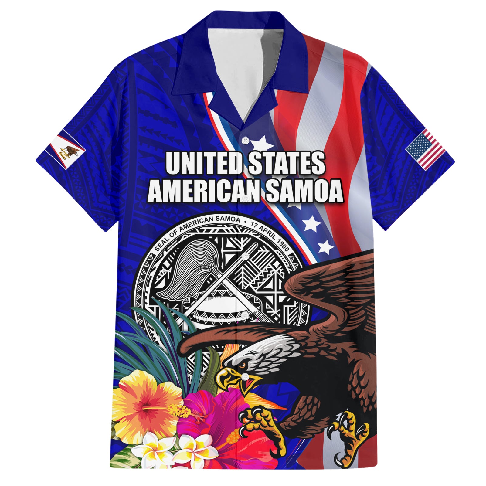 Personalised American Samoa and United States Hawaiian Shirt Bald Eagle and Seal Hibiscus Polynesian Pattern - Wonder Print Shop