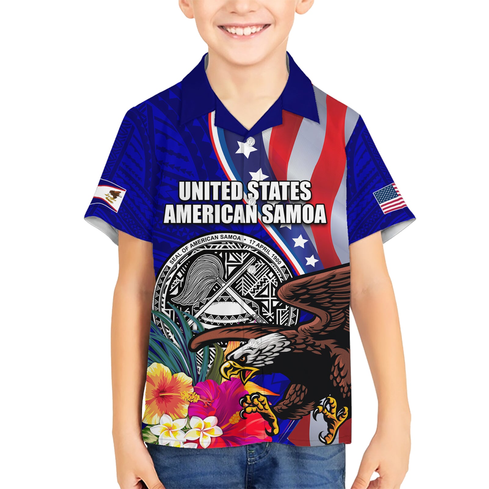 Personalised American Samoa and United States Kid Hawaiian Shirt Bald Eagle and Seal Hibiscus Polynesian Pattern - Wonder Print Shop