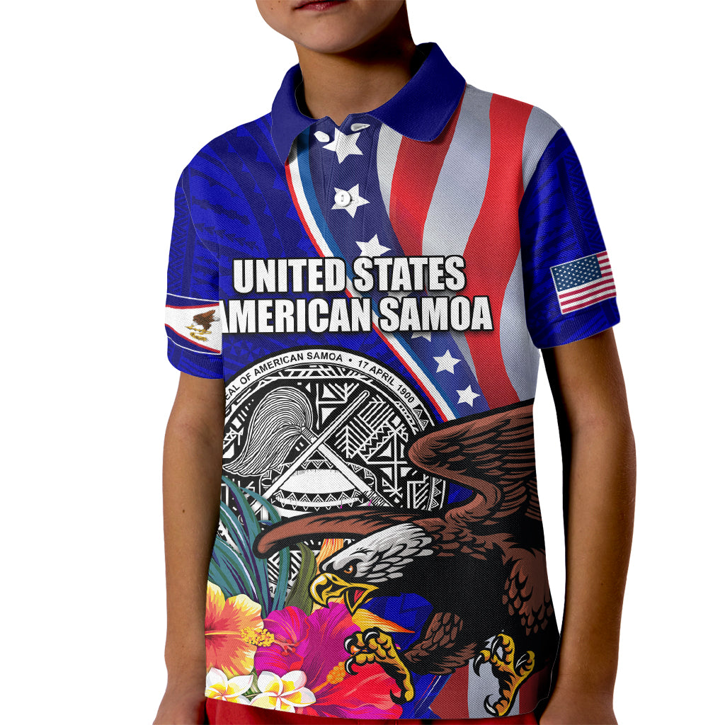 Personalised American Samoa and United States Kid Polo Shirt Bald Eagle and Seal Hibiscus Polynesian Pattern - Wonder Print Shop