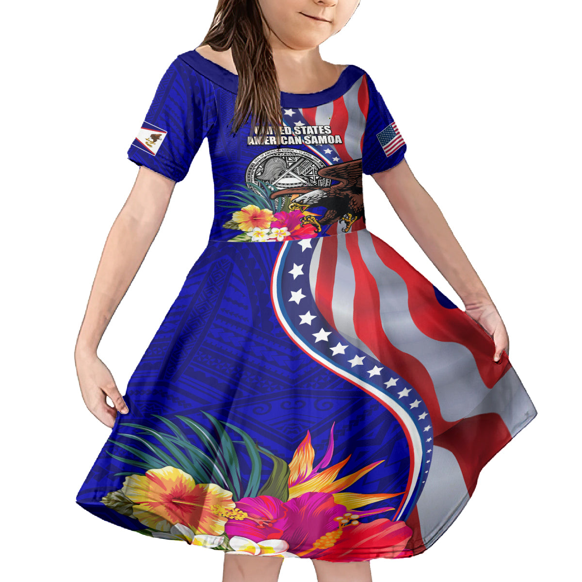 Personalised American Samoa and United States Kid Short Sleeve Dress Bald Eagle and Seal Hibiscus Polynesian Pattern - Wonder Print Shop