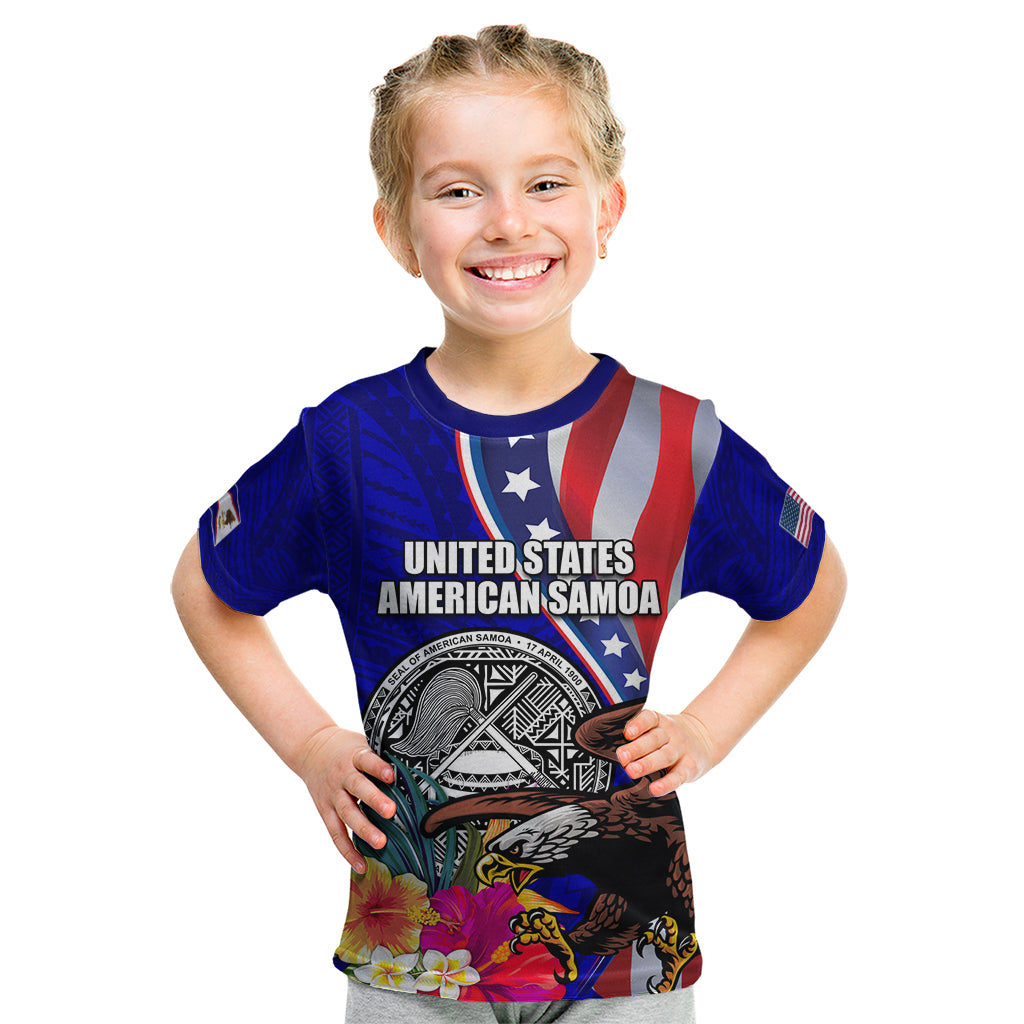 Personalised American Samoa and United States Kid T Shirt Bald Eagle and Seal Hibiscus Polynesian Pattern - Wonder Print Shop