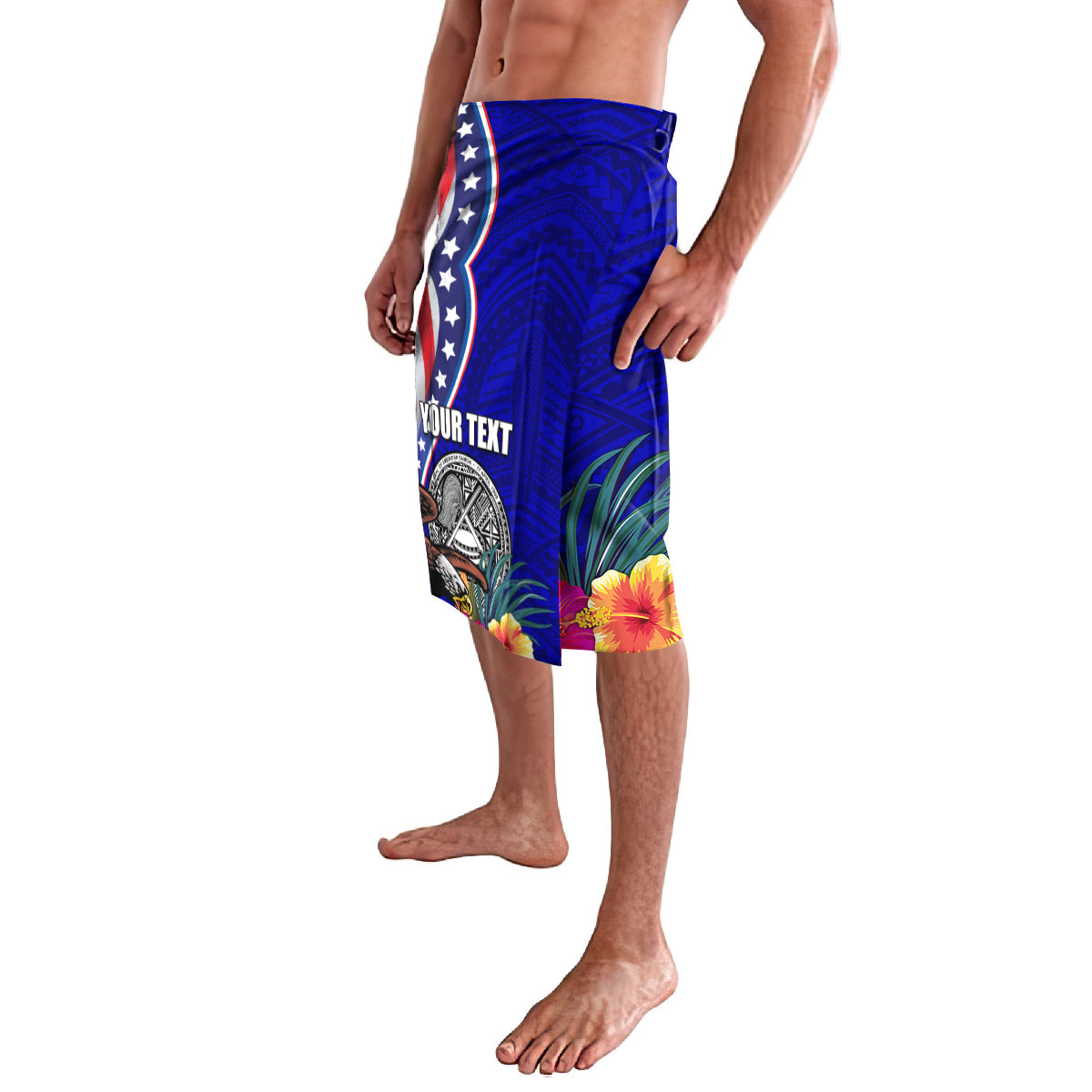 Blue Polynesian board shorts with US flag stars, hibiscus flowers, and your text panel