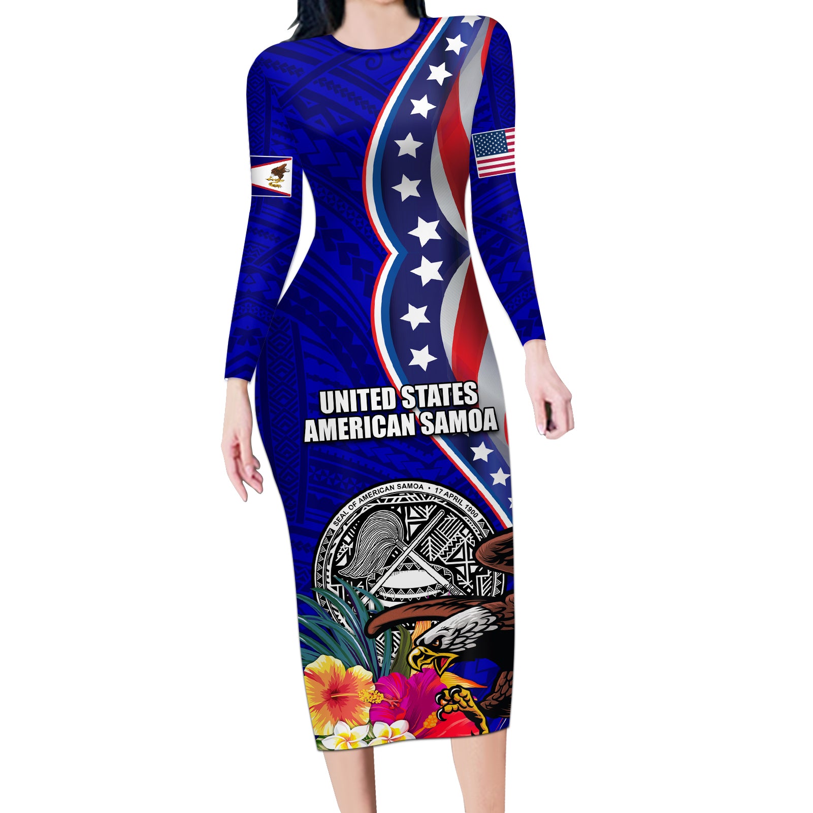 Personalised American Samoa and United States Long Sleeve Bodycon Dress Bald Eagle and Seal Hibiscus Polynesian Pattern - Wonder Print Shop