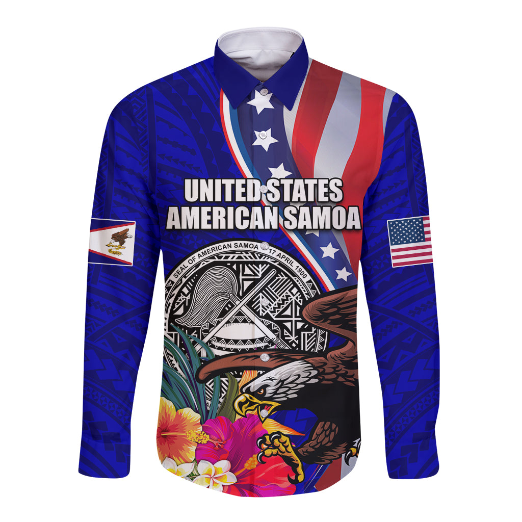 Blue long-sleeve button shirt with eagle seal, tropical flowers, and US/American Samoa print