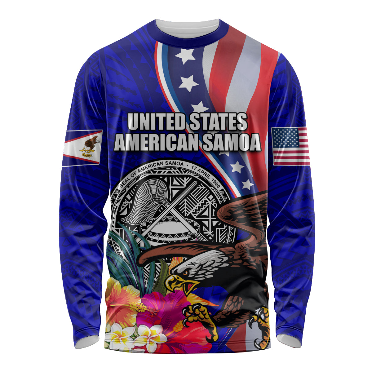 Personalised American Samoa and United States Long Sleeve Shirt Bald Eagle and Seal Hibiscus Polynesian Pattern - Wonder Print Shop