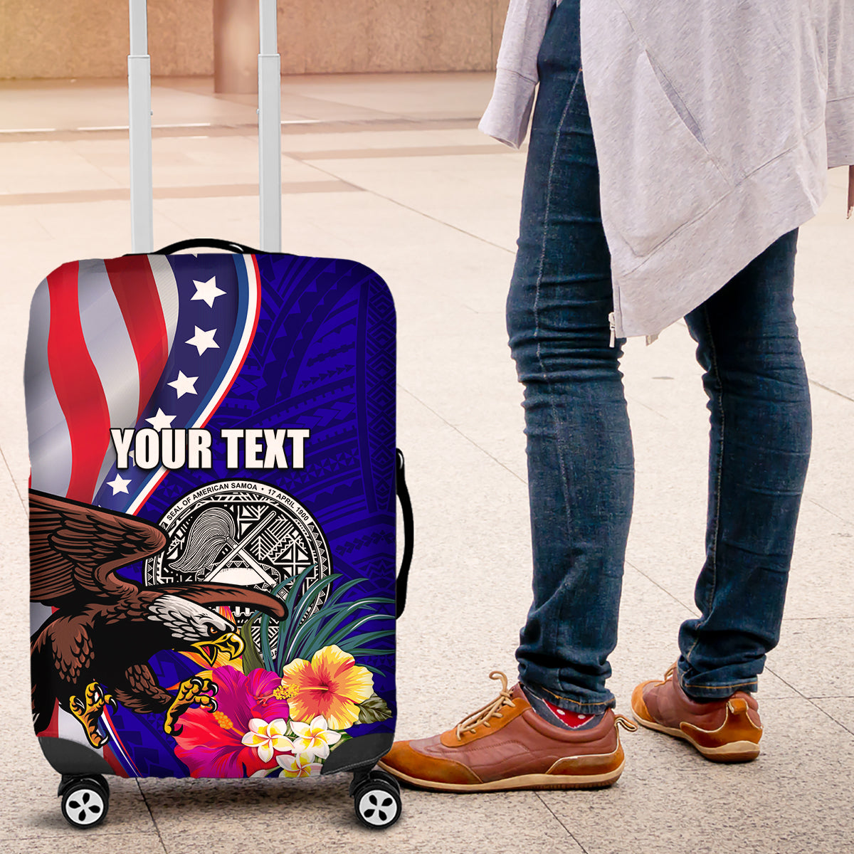 Personalised American Samoa and United States Luggage Cover Bald Eagle and Seal Hibiscus Polynesian Pattern - Wonder Print Shop