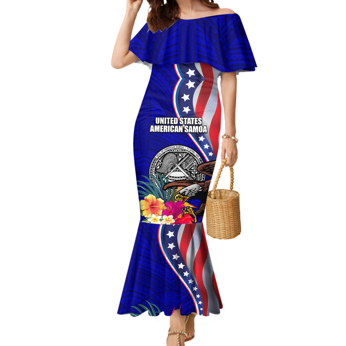 Personalised American Samoa and United States Mermaid Dress Bald Eagle and Seal Hibiscus Polynesian Pattern - Wonder Print Shop