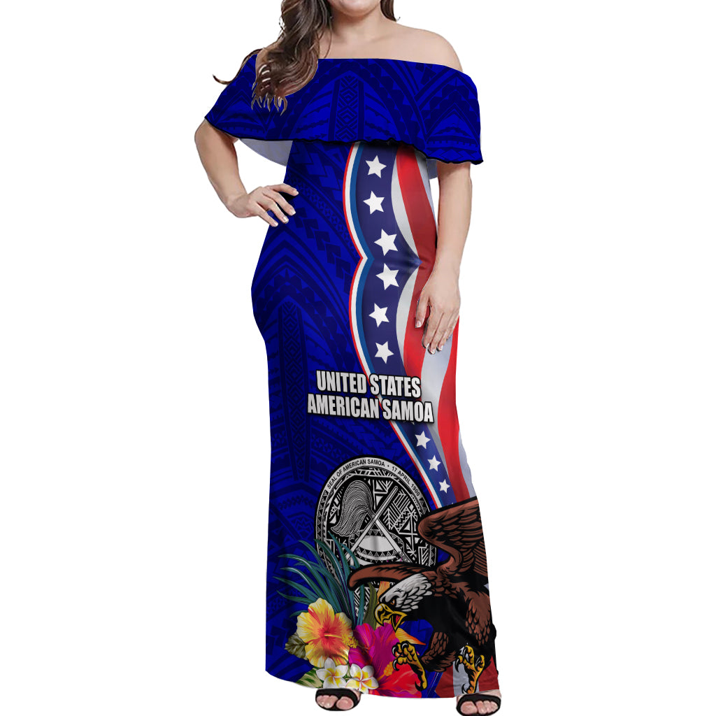 Personalised American Samoa and United States Off Shoulder Maxi Dress Bald Eagle and Seal Hibiscus Polynesian Pattern - Wonder Print Shop