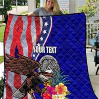 Personalized quilt blanket with bold blue panel, US flag curve, bald eagle and hibiscus blooms