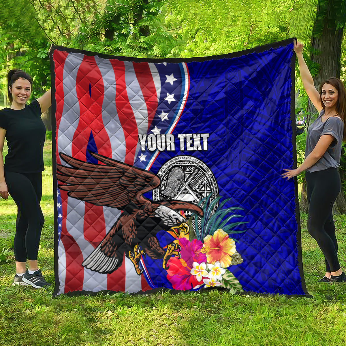 Personalized quilt blanket with US flag stripes and stars, bald eagle, bright hibiscus flowers