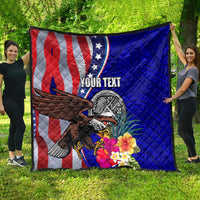 Personalized quilt blanket with US flag stripes and stars, bald eagle, bright hibiscus flowers