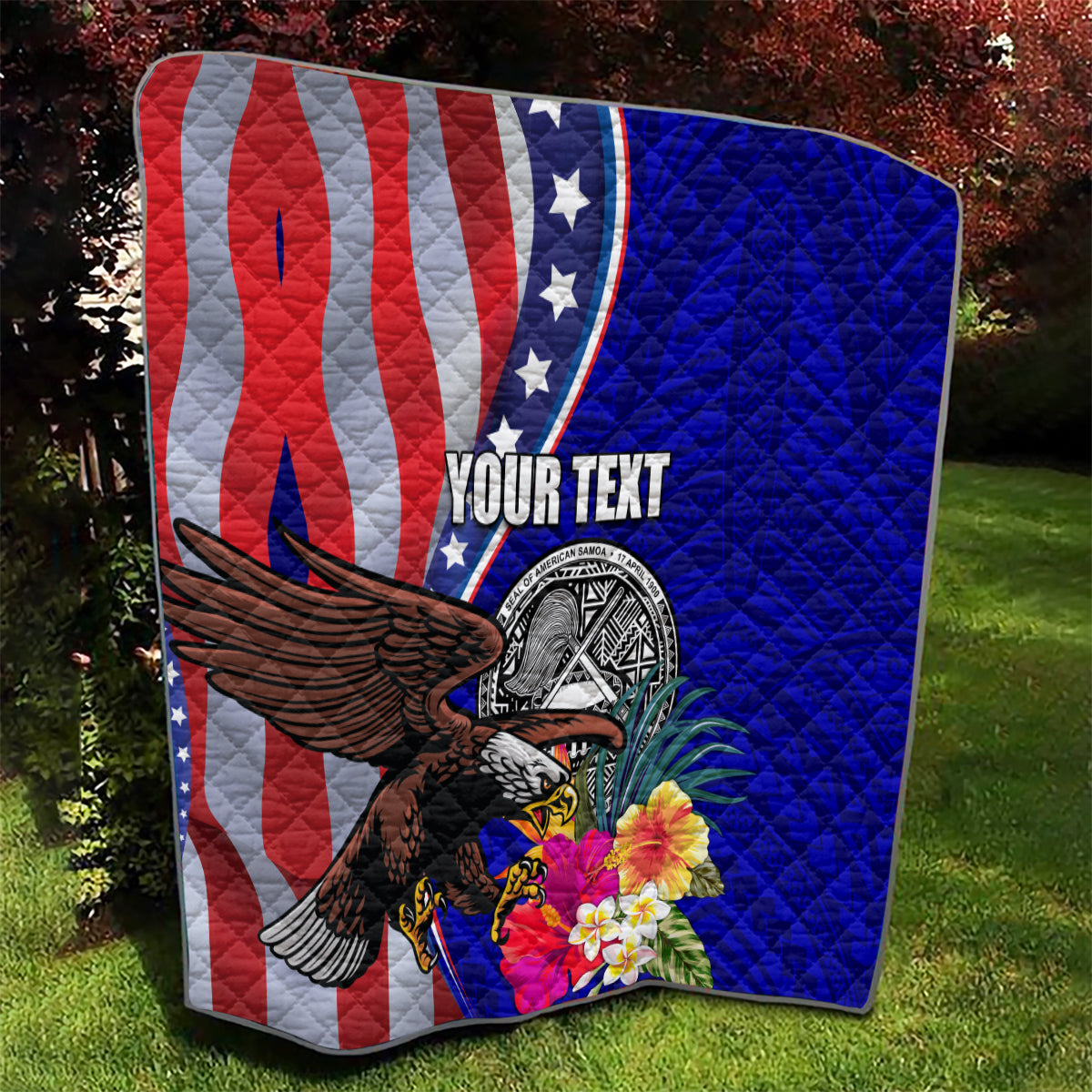 Personalized quilt blanket with US flag stripes and star arc, bald eagle, hibiscus flowers