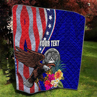 Personalized quilt blanket with US flag stripes and star arc, bald eagle, hibiscus flowers