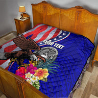 Personalized quilt blanket on bed with US flag pattern, bald eagle emblem, hibiscus blossoms