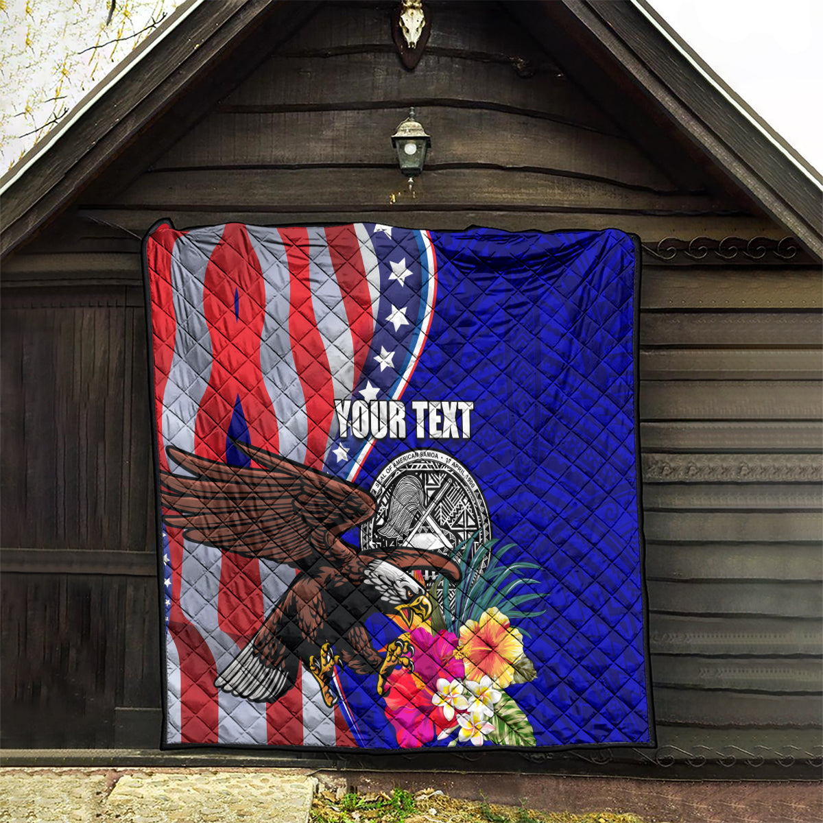 Personalized quilt blanket with blue and red US flag design, bald eagle, hibiscus flowers