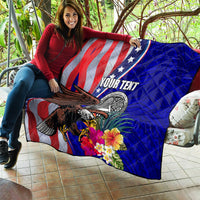 Personalized quilt blanket with blue and red US flag design, bald eagle, hibiscus flowers