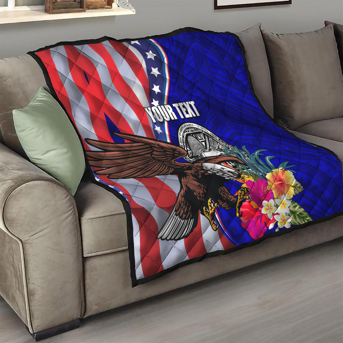 Personalized quilt blanket with blue quilted texture, US flag stripes, bald eagle and hibiscus