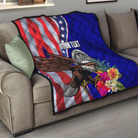 Personalized quilt blanket with blue quilted texture, US flag stripes, bald eagle and hibiscus