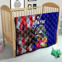 Personalized quilt blanket for bed with US flag pattern, bald eagle, colorful hibiscus