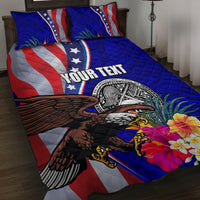 Personalized quilt bed set on bed, blue background with eagle seal and hibiscus flower print