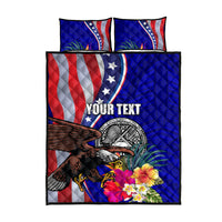 Personalized quilt bed set with blue, red and white eagle seal and hibiscus flowers