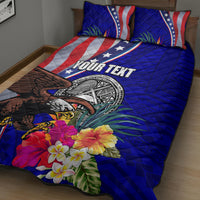 Personalized quilt bed set with eagle, coin-style seal, hibiscus flowers and Your Text
