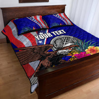 Personalized quilt bed set with blue quilt pattern, eagle artwork, seal coin and hibiscus blooms